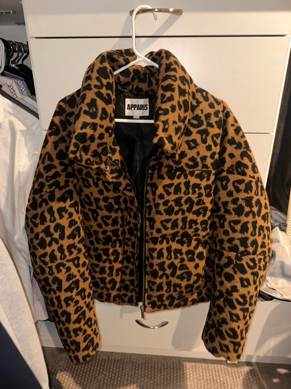 Apparis Leopard-Print Puffer Jacket in Tan and Black